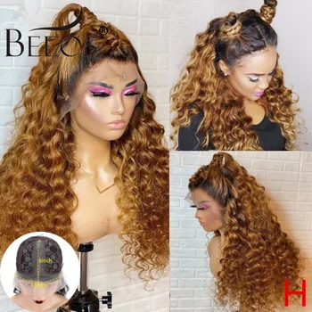 

Beeos 180% Ombre Honey Blonde Color Curly Wigs Pre Plucked Bleached Knots T Part Lace Front Human Hair Wig Brazilian Remy Hair