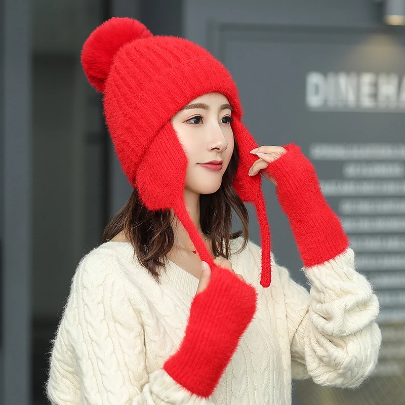 Женские кашемировые вязаные шапки с кроличьими ушками, перчатки, комплект из 2 предметов, новинка, простая зимняя теплая вязаная шапка, женская шапка - Цвет: Red