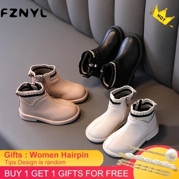 

FZNYL Plus Size England New Autumn Winter Girls Snow Ankle Boots Children's PU Leather Shoes Warm Soft Fashion Free Shipping