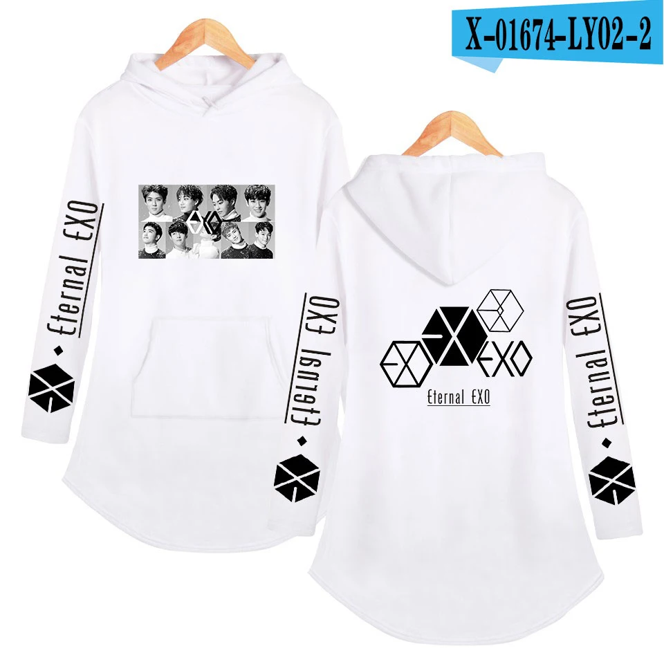 EXO Ablum Толстовка негабаритных женщин асимметричный подол воротник пальто Повседневный корейский стиль Женский сексуальные свитшоты верхняя одежда Уличная - Цвет: white