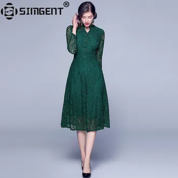 

Simgent V Neck Dress Long Sleeve Womens Autumn Spring Elegant Vintage Ladies Lace Flared Dress Vestidos Lange Jurken SG98301