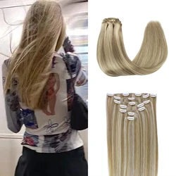 POPUKAR Light Blonde Hight Human Hair Extenisons Clip On Platinum Blonde Balayage 14-22 Inch 7 Pieces 105 Gram 16 Clips