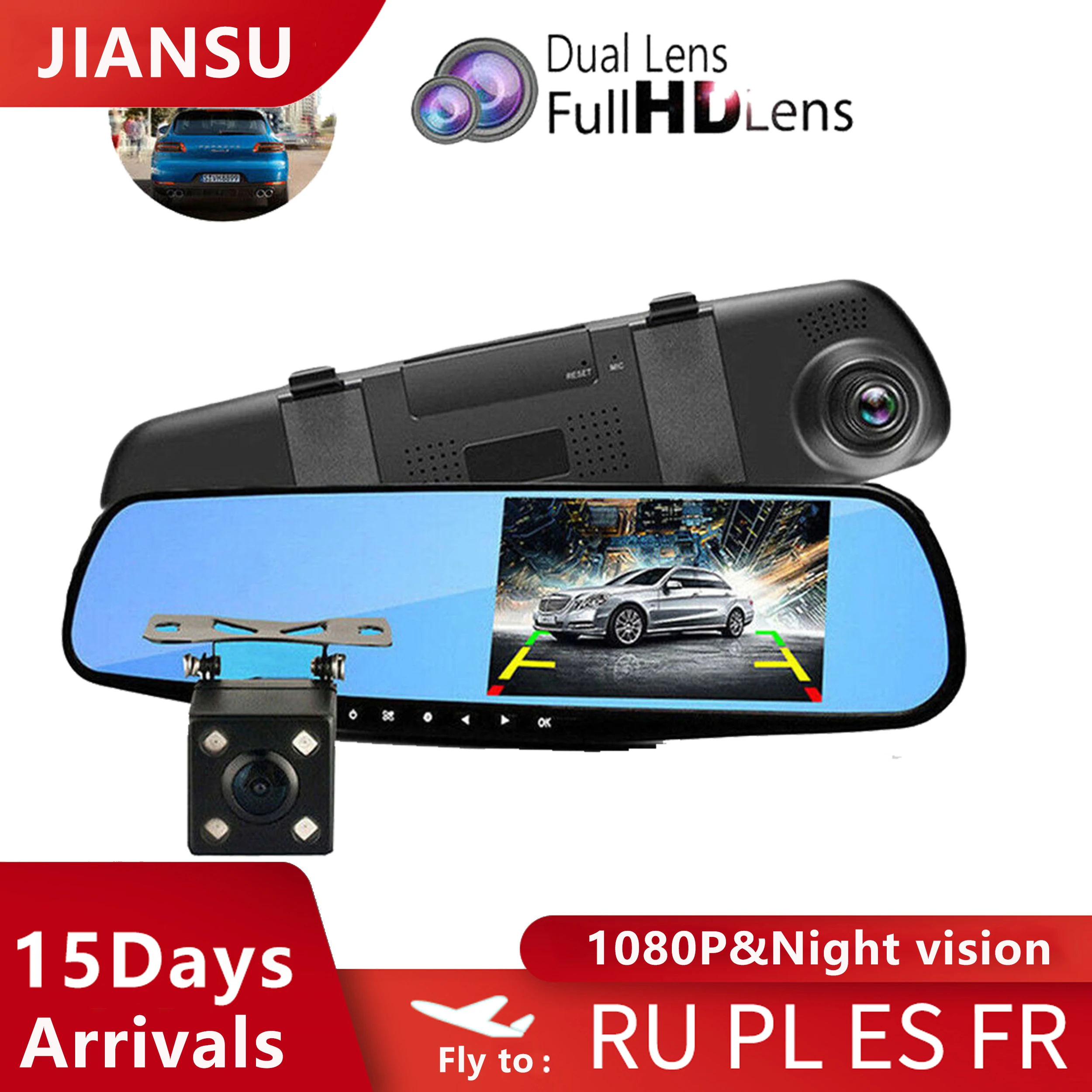 Цзянь-Su Full HD 1080P Автомобильный видеорегистратор Камера Авто 4 3 дюймов Зеркало