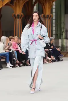 

High Quality 2020 New Runway Fashion Denim Suits Women Lining Print Belt Jacket + Long High Waist Split Pants Light Blue Suits