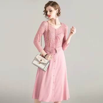 

Women Set Pink Green 2020 Spring Fashion Drawstring Three Quarter Sleeve Lace Top + Elastic waist Single Breasted A Line Skirt