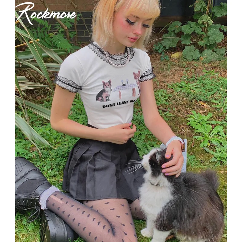 

Rockmore Y2K Aesthetics Print Wild Lace Trim Crop Tops E-Girl Vintage One Button O-Neck Short Sleeve White T-Shirts 90S Casual