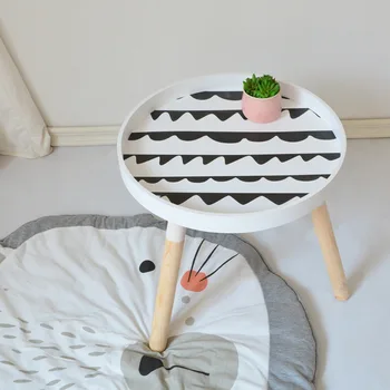 

INS Nordic cartoon pattern coffee tables for home Living room balcony solid wood circle tea table Magazine Shelf Small Furniture