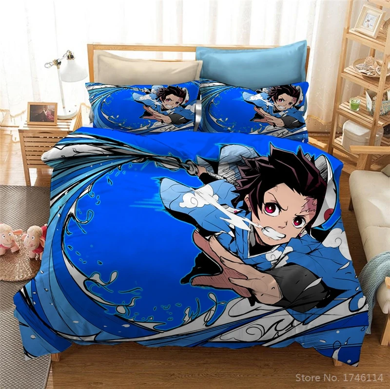 Anime Demon Slayer 3D Cartoon Printed Duvet Cover + Pillowcase Kimetsu No Yaiba Bed Linens Twin Full Queen King Size Bedding Set