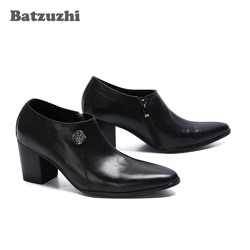 Batzuzhi 7.5CM High Heel Black Genuine Leather Ankle Boots Men Pointed Toe Men Boots Party and Wedding Footwear Zapatos Hombre