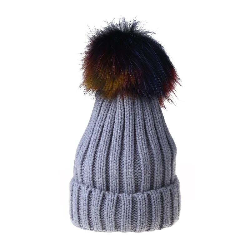 

Adult Kids Winter Ribbed Knitted Beanie Hat with Detachable Colorful Pom Pom Windproof Ski Cuffed Skull Cap Ear Warmer