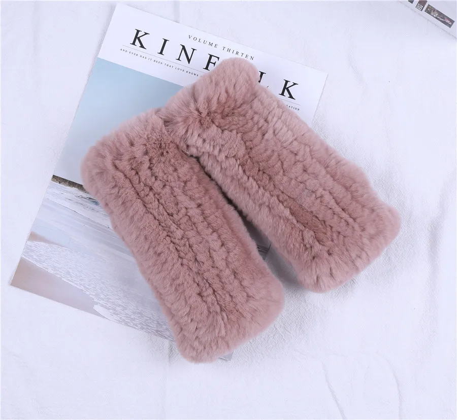 Pink Модные Настоящий мех кролика женские зимние перчатки из натурального меха варежки для девушек перчатки без пальцев теплые эластичные пушистые - Цвет: Pink