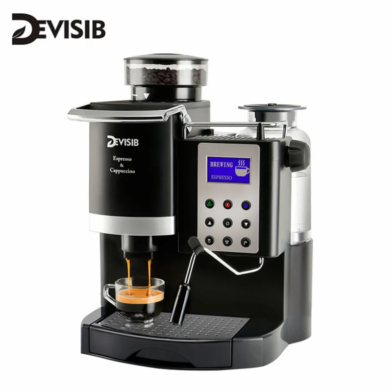DEVISIB Coffee Machine 3 in 1 Semi Automatic Espresso Maker with Grinder and Milk Steamer for Making Latte Cappuccino Americano