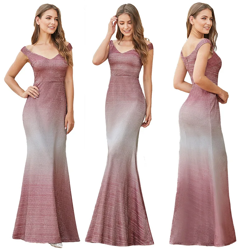 

Europe And America Deep-V Sparkle Silver Gradient Slide Wire Slim Fit Slimming Fishtail Sheath Dinner Host Dress