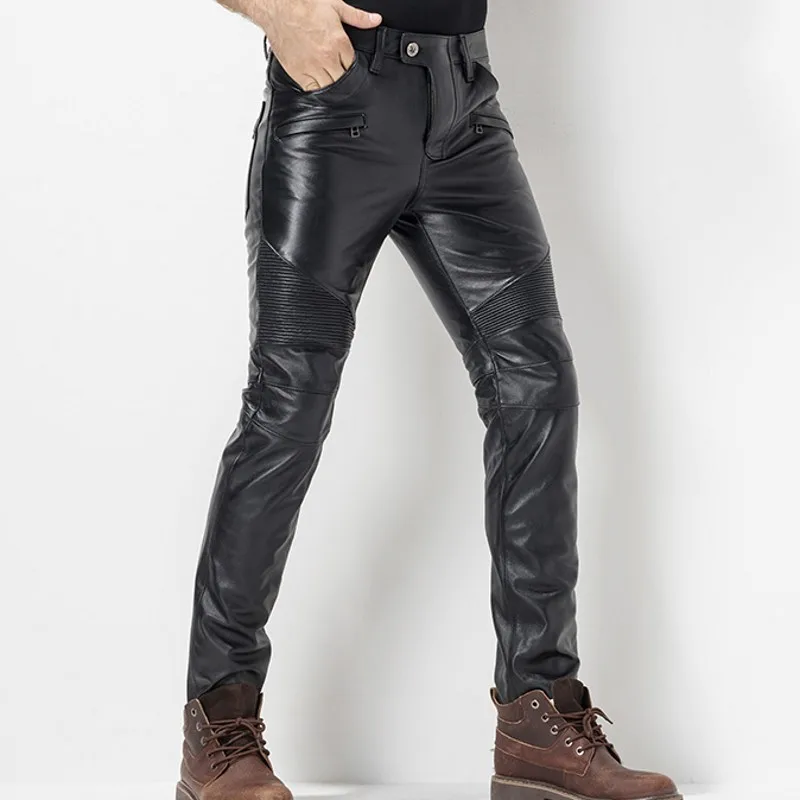 Discount European Autumn Winter Slim Mens Full Length Cowhide Pants Windproof Thick Moto Biker Pleated Genuine Leather Male Pencil Pants 1