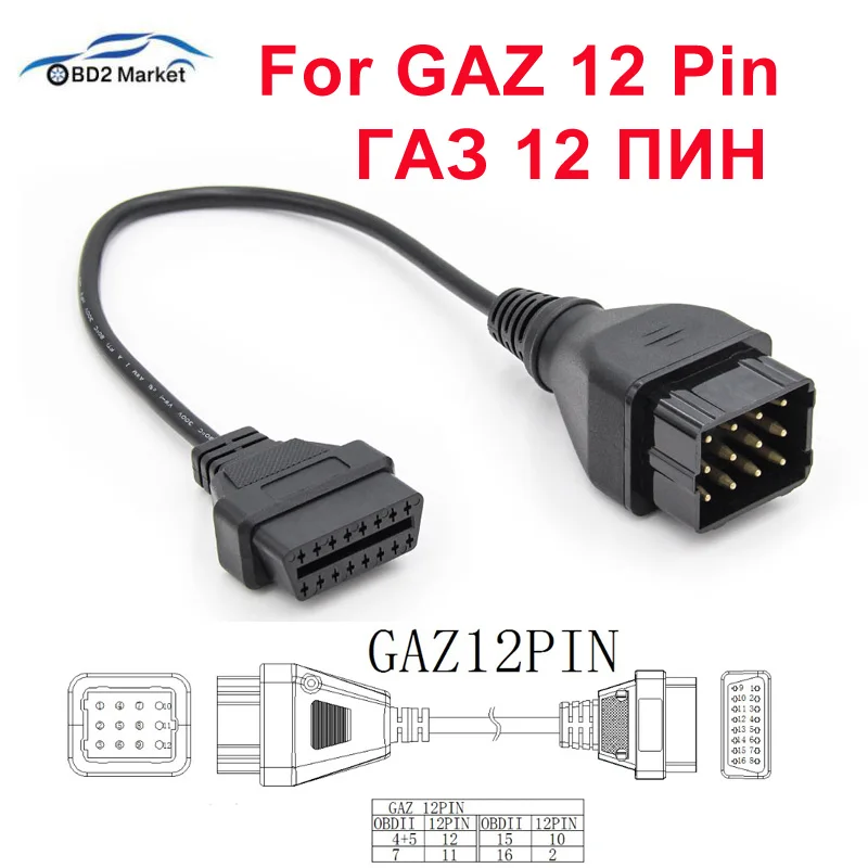 Для GAZ 12 Pin Male OBD2 сканер дизельный грузовик диагностический кабель для OBD 2 16Pin 12Pin