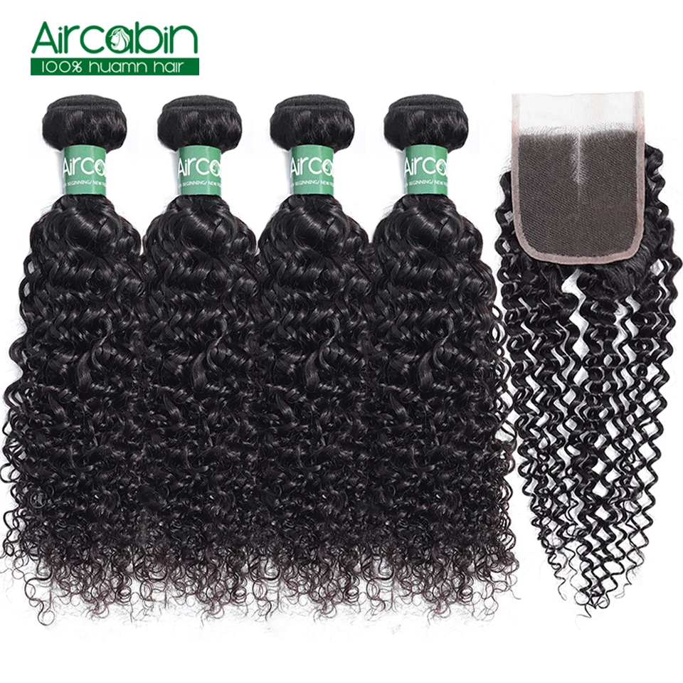 

Aircabin Hair Peruvian Kinky Curly 4 Bundles with Closure Human Non Remy Hair Extensions Bundle With Lace Closure Free Shipping