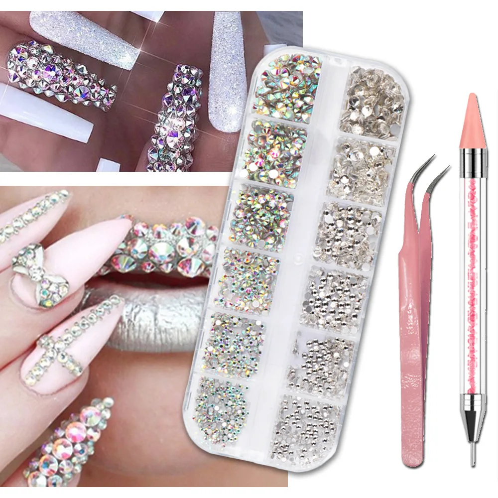 1Box Multi Size Glass Nail Rhinestones Mixed Colors Flat-back AB Crystal With tools 3D Charm Gems  Manicure Nail Art Decorations
