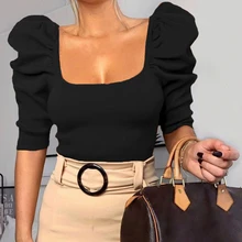 

Vintage Puff Sleeve Women Blouse Square Neck Korean Style Tops Elegant Sexy White Black Slim Crop Blouse Women
