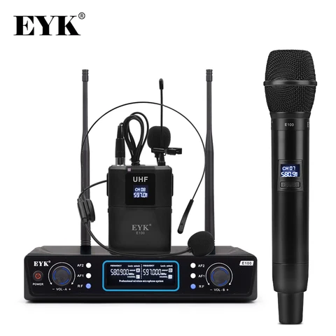 Microfone sem Fio com Handheld + Bodypack Fone de Ouvido Microfone para Karaoke Dupla Maneira Transmissor Uhf Lapela Igreja Youtube Eyk E100