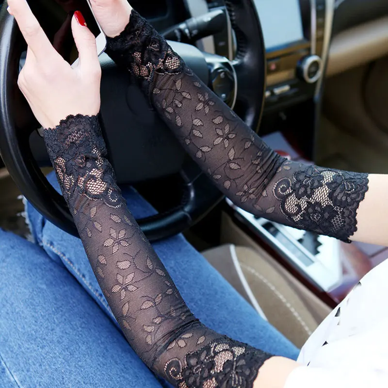 LONG WHITE SPANDEX FINGERLESS GLOVES LACE CUFFS ARM WARMERS 