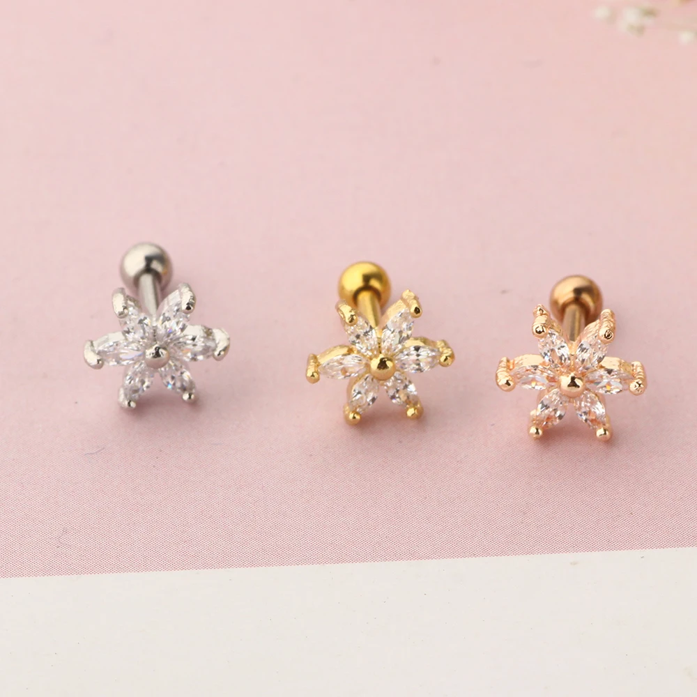 Flower Zircon Ear Piercing Tragus Daith Ear Jewelry Body Piercing Barbell Screw Wholesales Cartilage Earrings Stud Zircon
