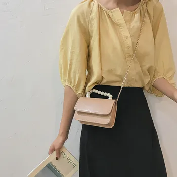 

Women's 2020 solid color leather bag, pearl decoration fashion shoulder bag, square chain diagonal bag, ladies casual handbag
