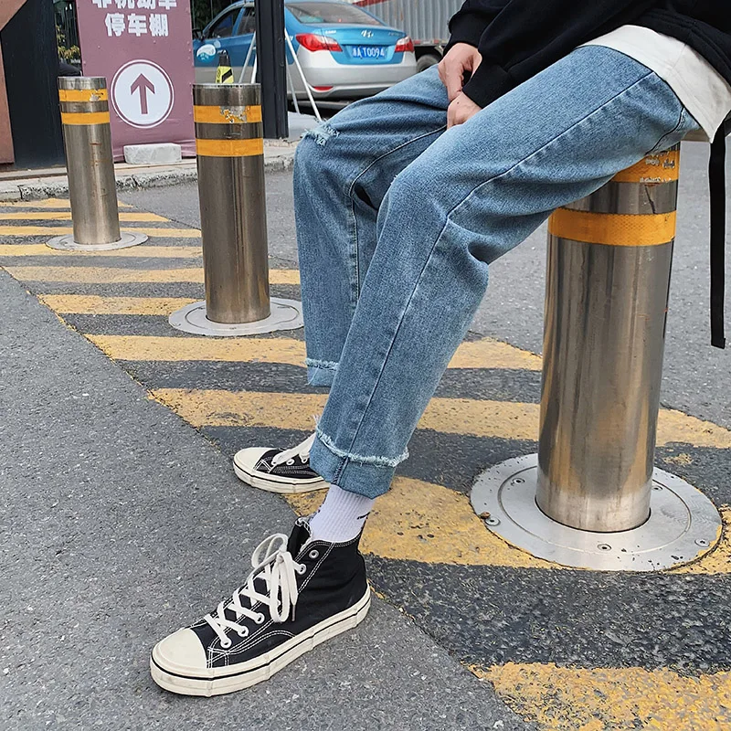 Promotion Men's Spring Autumn Jeans Skinny Slim Fit Distressed  Hip hop Ankle pants Cotton trousers Black blue Solid color Young student