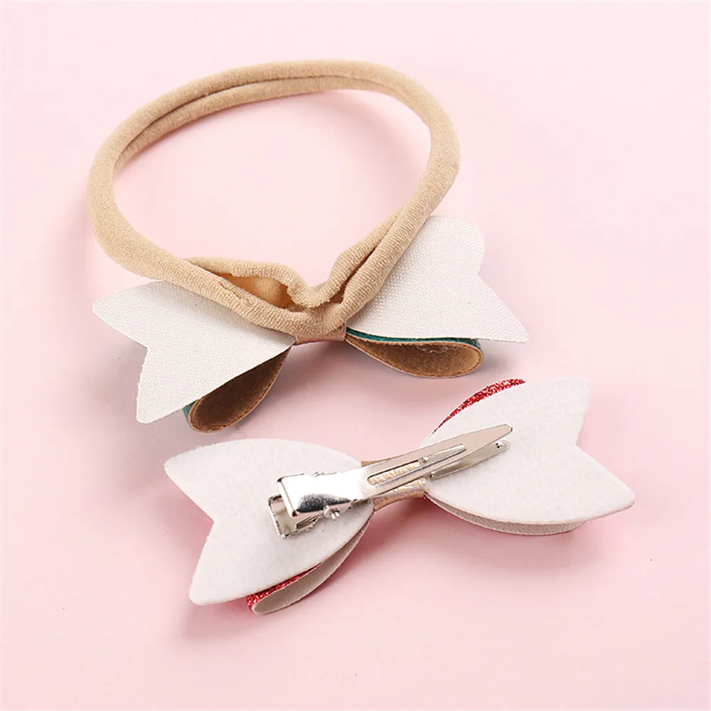 10pcs/lot 2 Layer Synthetic Leather Sequin Bow Headband For kids Princess Chic Bow Nylon Elastic Hairbands for Toddlers Girl