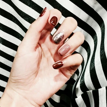 

24pcs/box with 2g glue Shiny Silver Glitter Dark Coffee Brown False Nails Press on Full Cover short size acryl Artificial Nails