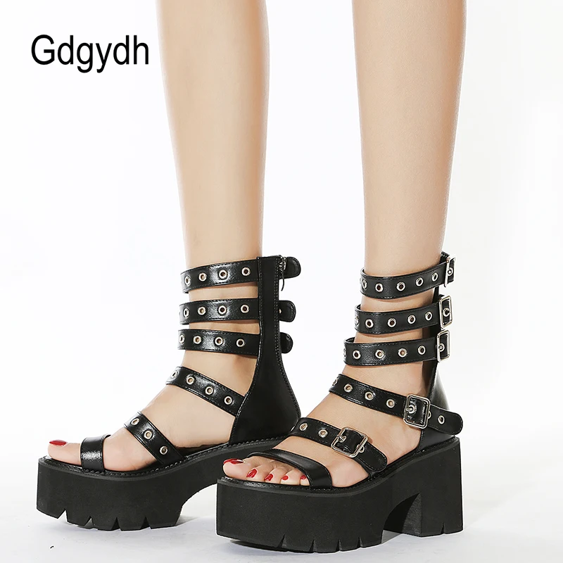 Women Gladiator Sandals Metal Rivet Punk Streetwear Wedge Square Heels Platform Ankle Buckle Strap