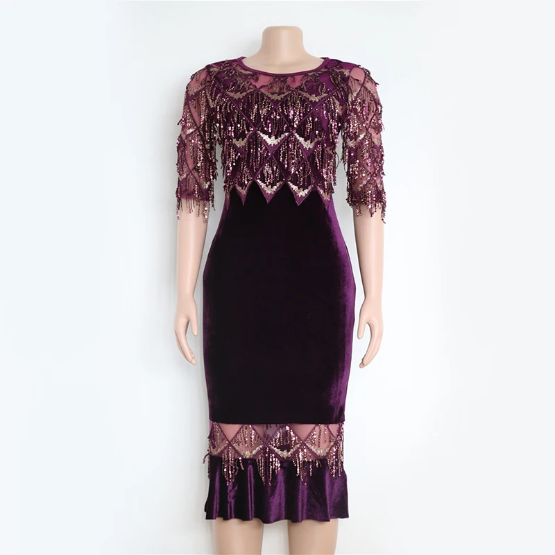 

Kenancy Plus Size Ruffles Sequined Tassels Bodycon Party Dress Sexy Half Sleeve Lace Velvet Splice Midi Dress Vintage Vestidos