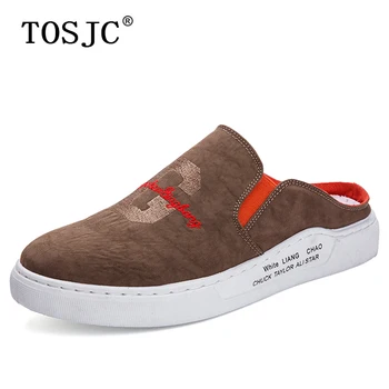 

TOSJC Summer Men Half Slippers Canvas Slip-on Half Loafers Outdoor Lightweight Mules Breathable Half Shoes Anti-slip Man Sandals