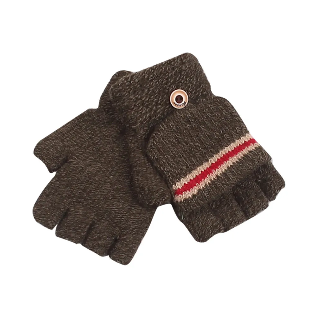 A SAGACE Winter Gloves Children Warm Cotton Half Finger Knit Wool Gloves Kid Fashion Stripe Comfortable Flip Top Soft Gloves Boys - Цвет: A