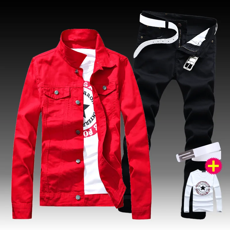 New Men's Denim Jacket Pants 2pcs Set Single Breasted Holes Casual Coat Trousers Slim Fit Cool Boys Jackets A55 New Men's Denim Jacket Pants 2pcs Set Single Breasted Holes Casual Coat Trousers Slim Fit Cool Boys Jackets A55
