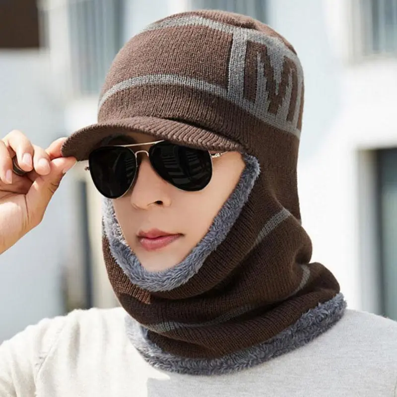 Коричневый Winter Men Hat And Scarf Set Male Warm Plush Hooded Cap Scarves With Brim Knit Visor Beanies Balaclava Adult Stripe Bonnet - Цвет: Коричневый
