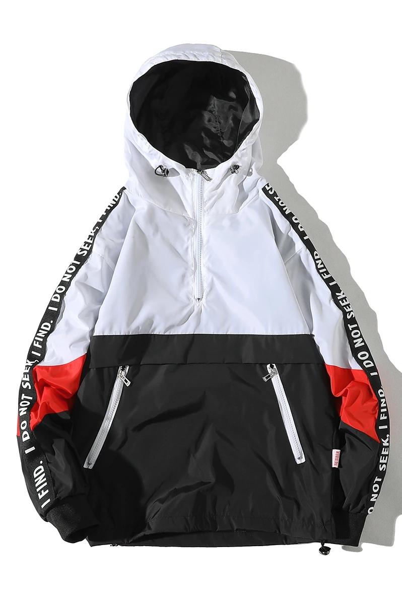 80% OFF 2019 Hooded Jackets Men New Patchwork Color Block Pullover Jacket Fashion Tracksuit Coat Men Hip Hop Streetwear Jacket Men