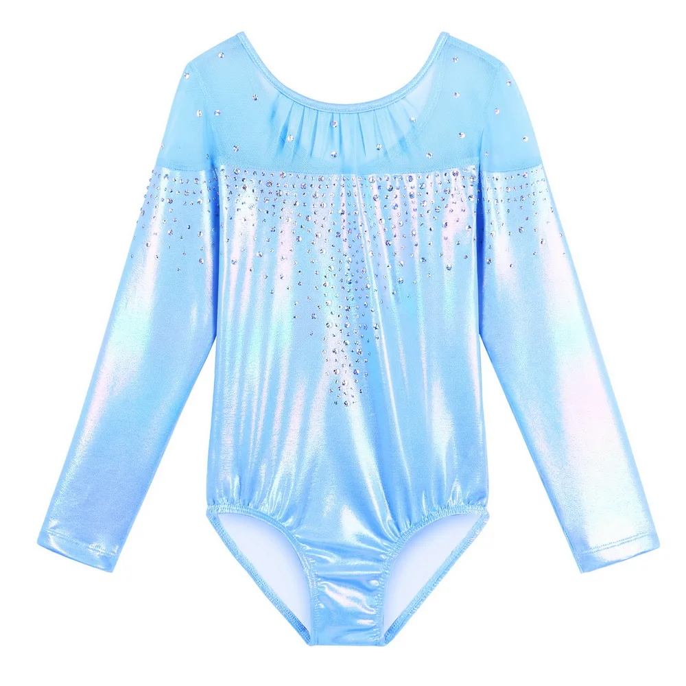 

BAOHULU Girls Gymnastics Leotard Long Sleeves Ballet Dance Wear Children Gymnastics Costume Blue Sequin Sports Bodysuit for Kids