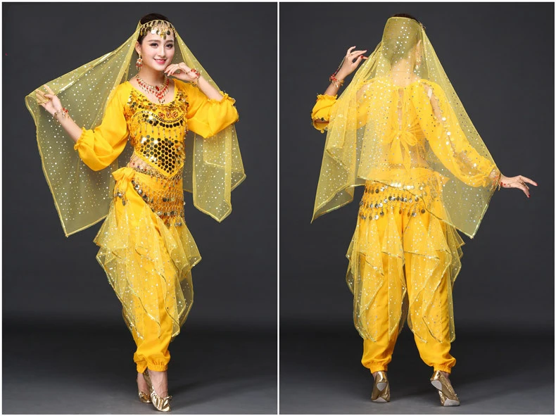 Женская танцевальная одежда сари набор костюма для танца живота Болливуд индийские брюки костюм 5 шт.: топ, пояс, брюки, браслеты и вуаль