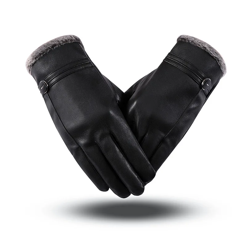 

Men's winter fur PU leather gloves plus velvet touch screen business warm windproof gloves outdoor riding waterproof warm gloves