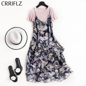 

Spaghetti Strap Print Dress Women O Neck Knitted Base Shirt Ruffles Strap Floral Dress New Casual Summer Dress CRRIFLZ