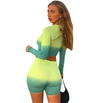

2020 Women Set Gradient Color Outfits Long Sleeve Round Neck T-shirt Elastic Waist Shorts Casual Laides Clothes Set Clothing Set