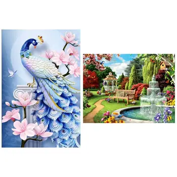 

2 Set Diy Diamond Painting Kit Wall Sticker Home Decoration - Landscape Garden Pattern & Animal Peacock Pattern