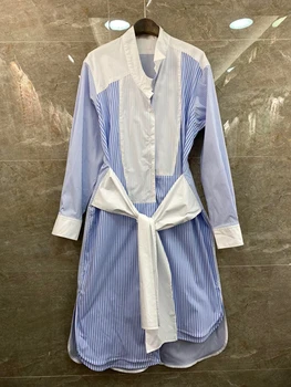 

2020 Spring and Summer New Women's Irregular Neck Tied Sleeve Striped Color Long Sleeve Dress 412