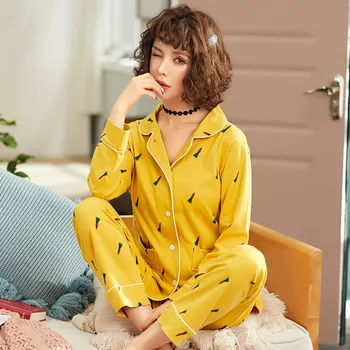 

Two Piece Cotton Pajamas Set Women 2020 Autumn Long Sleeve Casual Sleepwear Spring Tops+Pants Pijama Mujer Korean Sweet Homewear