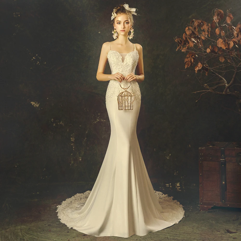 

Satin Mermaid Wedding Dresses Vestido De Noiva Sereia Shoulder Straps Backless Appliques Beading Trumpet Bridal Gowns