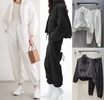 

AAW121 Letter Embroidered Logo Stand Collar Zip Drop Sleeve Jacket Coat + Casual Pants A2