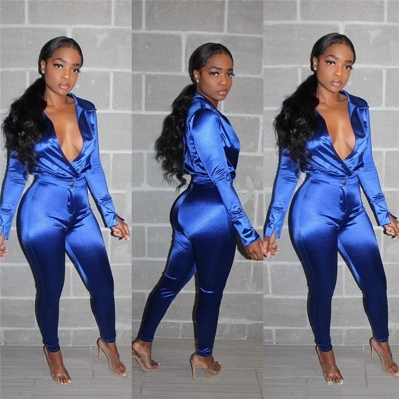 Adogirl Solid Office Lady Two Piece Set Sexy Deep V Neck Long Sleeve Shirt Top Pencil Pants Business Suit Women Fashion Clothing - Цвет: blue 2 piece set