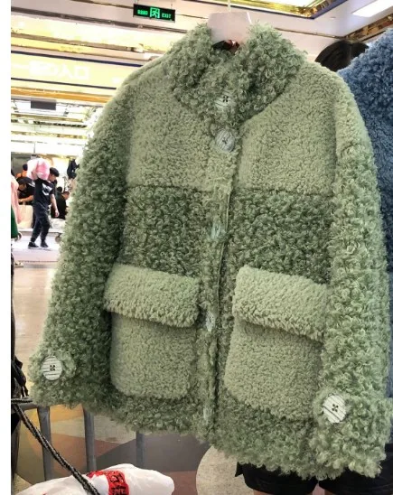 Зеленый Осень и зима новая Корейская кашемировая куртка со стоячим воротником из овечьего меха женское однобортное пальто из овечьей шерсти женская верхняя одежда - Цвет: Зеленый