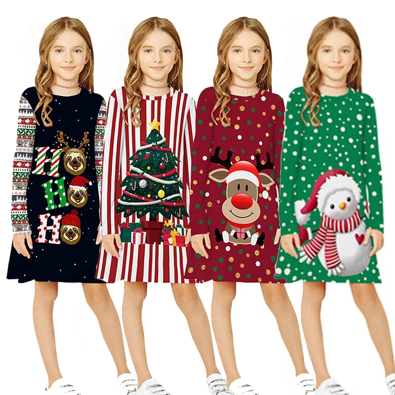 Рождественское платье для девочек; детское платье; Рождественская одежда; новогодние праздничные платья для девочек-подростков; платье с длинными рукавами и принтом Санты; одежда