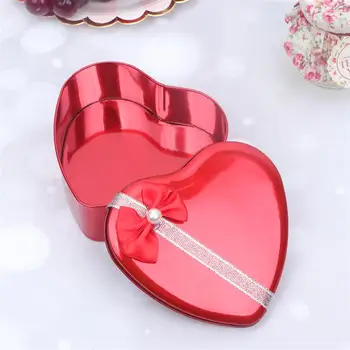 

4pcs Red Creative Heart Shape Tinplate Box Sweet Packing Can Exquisite Bow Candy Jar Portable Gift Box Container